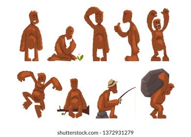 Funny bigfoot cartoon character set, mythical creature in different situations vector Illustrations on a white background