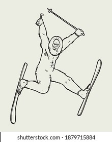 Funny bigfoot character jumping on skis. Isolated vector illustration. Winter sports character.