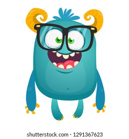 Funny bigfoot wearing eyeglasses waving. Vector illustration of excited monster