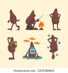 Funny Bigfoot or Yeti Character with Huge Furry Body Engaged in Different Activity Vector Set