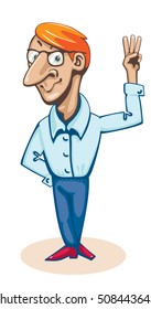 Funny big-nosed man showing three fingers.