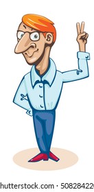 Funny big-nosed man, showing two fingers, a sign of victory.