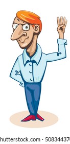 Funny big-nosed man shows four fingers.