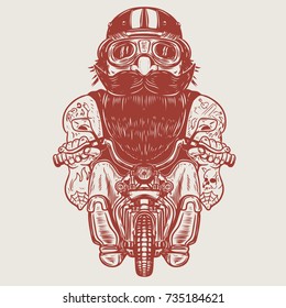 Funny biker caricature. Racer on little motorcycle. Design element for poster, t-shirt, card, banner. Vector illustration