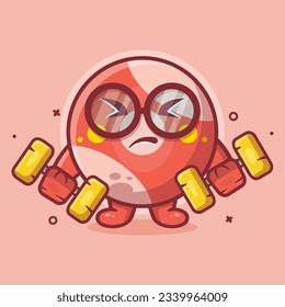 funny billiard ball character mascot doing bodybuilding using dumbbell isolated cartoon in flat style design