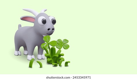 Funny billy goat stands near green clover. 3D herbivore in cartoon style