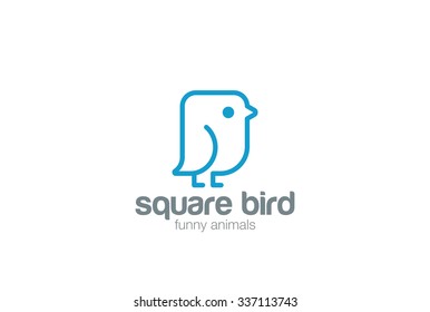 Funny Bird Abstract Logo design vector template linear style.  Sparrow square fun shape Line art  outline Logotype. Line-art concept icon.