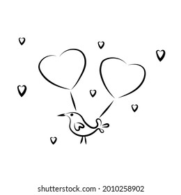 Funny bird with ballons in the shape of the heart. Cute cartoon character. Valentine's day symbol.