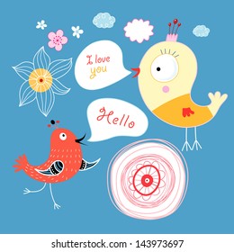 funny bird with bubbles for text on a blue background