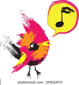 funny bird character in flashy colors, drawn by brush strokes