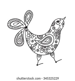 Funny bird chicken isolated figure. Black and white graphics, hand drawn style doodle.