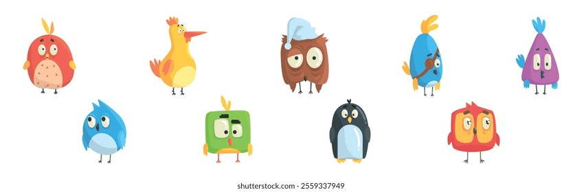 Funny Bird Comic Flying Creature with Big Eyes Vector Set