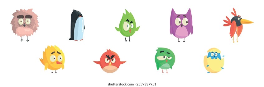 Funny Bird Comic Flying Creature with Big Eyes Vector Set