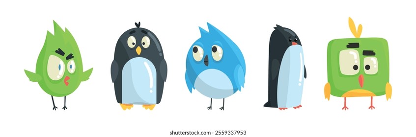 Funny Bird Comic Flying Creature with Big Eyes Vector Set