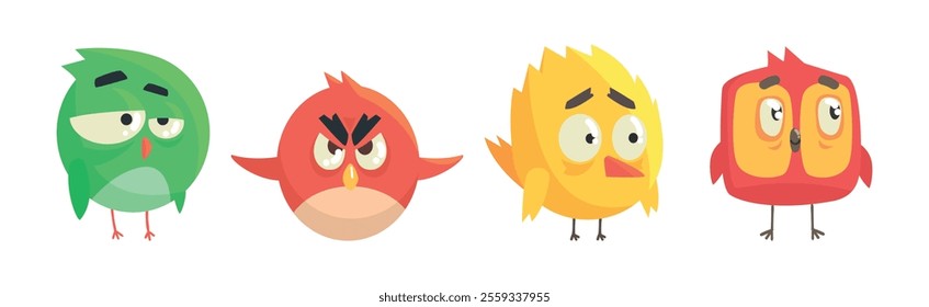 Funny Bird Comic Flying Creature with Big Eyes Vector Set