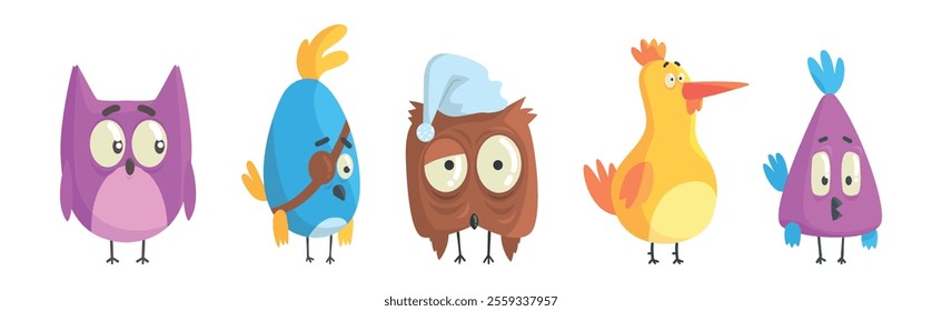 Funny Bird Comic Flying Creature with Big Eyes Vector Set