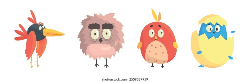 Funny Bird Comic Flying Creature with Big Eyes Vector Set