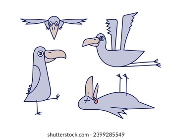 Funny bird in different poses. The bird flies, walks, died. Flat vector illustration.	