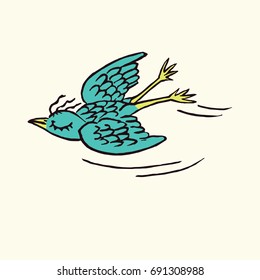 Funny bird enjoying flying with closed eyes, hand drawn doodle, sketch in pop art style, color vector illustration