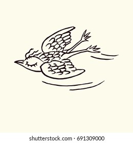 Funny bird enjoying flying with closed eyes, hand drawn doodle, sketch in pop art style, black and white vector illustration
