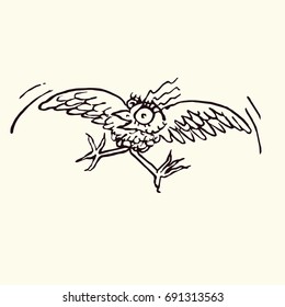 Funny bird enjoying flying with surprised eyes, hand drawn doodle, sketch in pop art style, black and white vector illustration