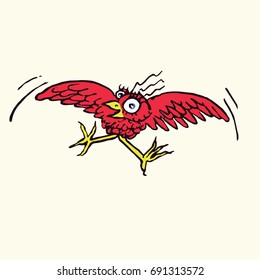 Funny bird enjoying flying with surprised eyes, hand drawn doodle, sketch in pop art style, color vector illustration