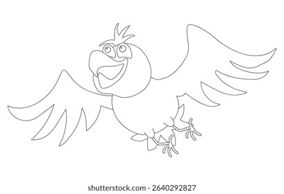 Funny bird flying happily, looking up. Black and white. Cartoon vector illustration for coloring book, children's entertainment, worksheet.