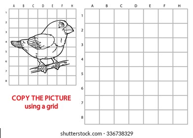 funny bird game. Vector illustration of grid copy puzzle with happy cartoon bird for children