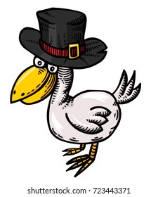 Funny bird in hat cartoon image. Artistic freehand drawing.