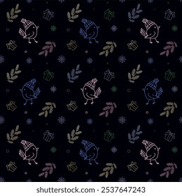 Funny bird in a hat, spruce branches, snowflakes, vector doodles, Christmas elements, seamless pattern, pink, blue, yellow on black background