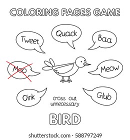 Funny bird kids learning game. Vector coloring book pages for children