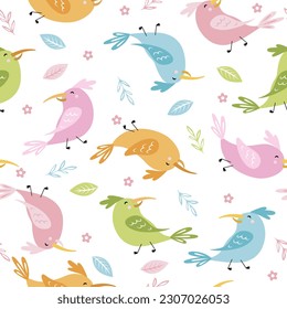 Funny bird with leaves and flowers. Cute seamless pattern for wrapping paper, wallpapers, bags, prints for childish textiles, pillows, cards, t-shirts.