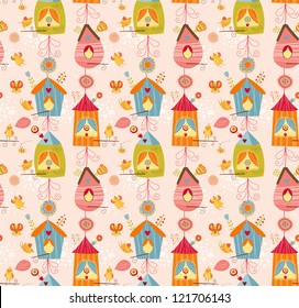 Funny bird nests, seamless pattern