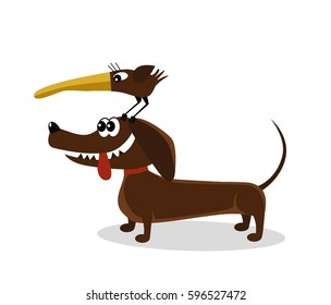 Funny bird on top of dogs head. Vector illustration