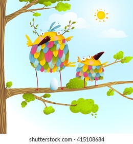 Funny bird on tree family mother and nestling egg kid in nature. Colorful bird family mother and child greeting card. Bird parent funny love child wild nature design. Vector illustration.