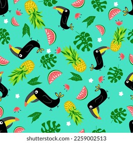Funny bird seamless pattern  with leaves and flowers, watermelon and pineapple. 