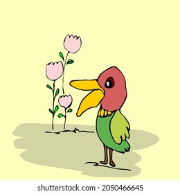 Funny Bird Singing A Song Before The Flowers Cartoon