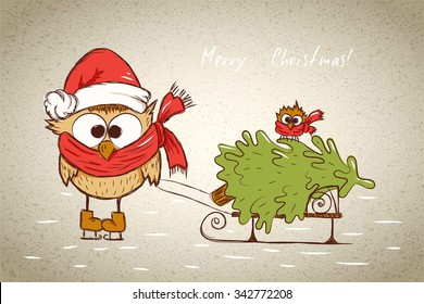 funny bird skating sled driven by a tree, on the tree sits a little joy bird, vector illustration