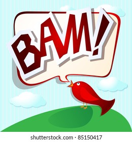 Funny bird with speech and onomatopoeia. Vector image