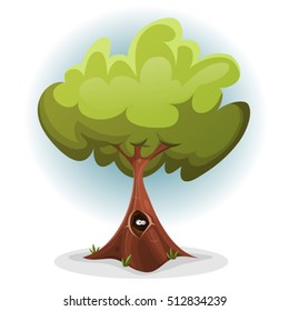 Funny Bird Or Squirrel Nest inside Tree Trunk/
Illustration of a set of cartoon spring or summer forest tree, with nest and eyes of bird or squirrel inside