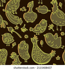 Funny bird in style of doodles. Seamless pattern. Fabulous cartoon character. Outline sketch. Hand drawing Vector.