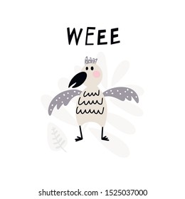 Funny bird and text - Weee isolated on a white background. Vector illustration for the children.