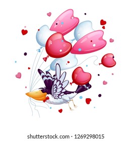 Funny bird with a tie butterfly flies with a bunch of balloons - hearts. Valentine's Day.