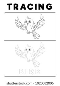 Funny Bird Tracing Book with Example. Preschool worksheet for practicing fine motor skill. Vector Animal Cartoon Illustration for Children.