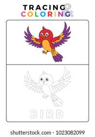 Funny Bird Tracing and Coloring Book with Example. Preschool worksheet for practicing fine motor and colors recognition skill. Vector Animal Cartoon Illustration for Children.