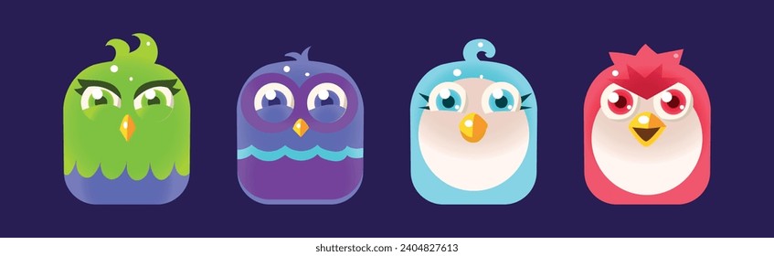 Funny Birds App Rounded Icon for Game Design Vector Set