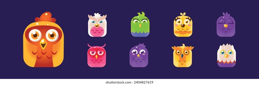 Funny Birds App Rounded Icon for Game Design Vector Set