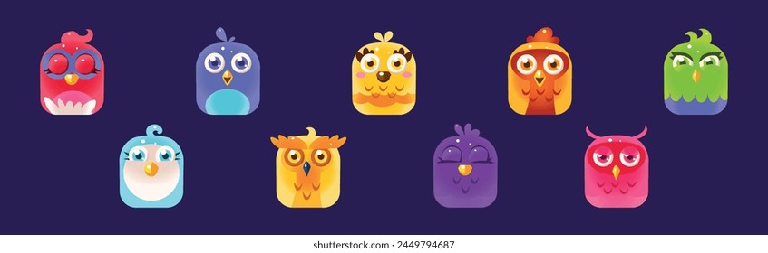 Funny Birds App Rounded Icon for Game Design Vector Set