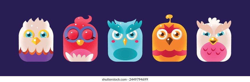 Funny Birds App Rounded Icon for Game Design Vector Set