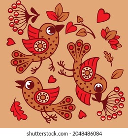 Funny birds in brown tones. The pattern.